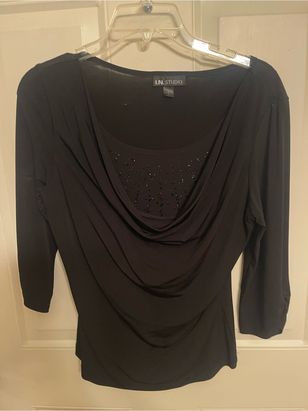 I.N. Studio Black Draped Cowl Neck Tunic with Beaded Inset